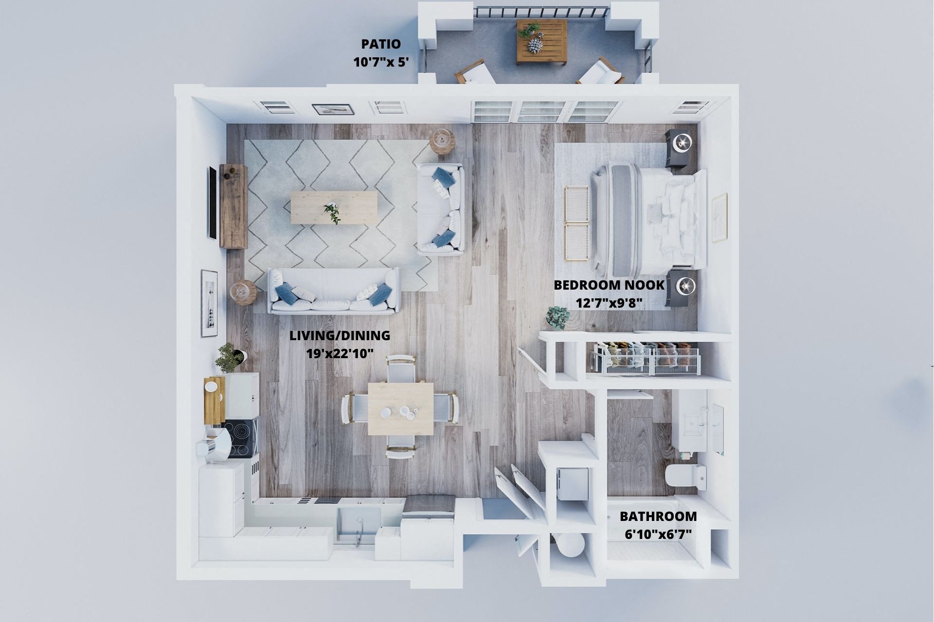 Floor plan for studio, 1 bath, 713 sqft